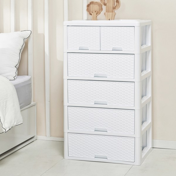  라탄 스마일 5단 서랍장, 화이트, 6개 