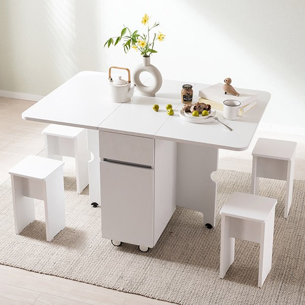  삼익가구 스마트 아일랜드 이동식 확장형 접이식 식탁 + 스툴 4ea 방문설치, 화이트 