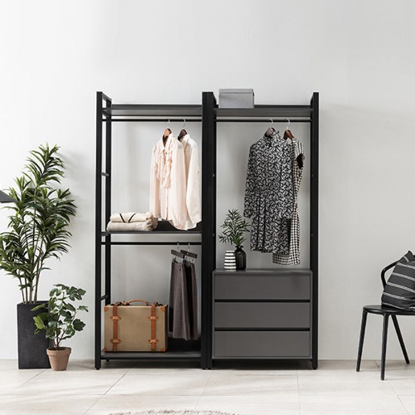  잉글랜더 NEW 베를린 1600 드레스룸 행거 2단 + 서랍장 방문설치, 그레이 + 블랙프레임 