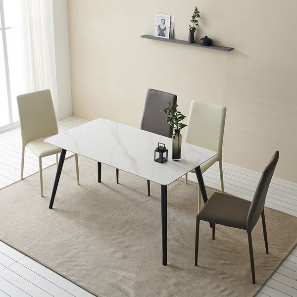보니애가구 모어 1400 포세린 세라믹 식탁 + 의자 4p 세트 방문설치, 비앙코 칼라카타(식탁), 크림베이지, 머드그레이(의자)