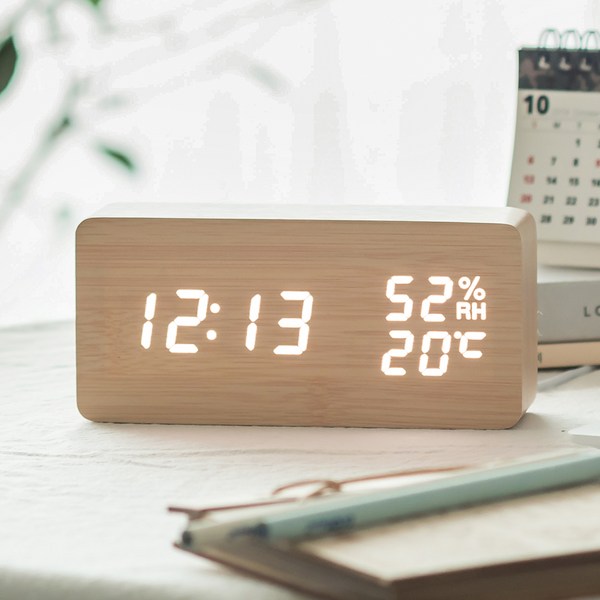 플라이토 우드 온습도 LED 탁상시계 + USB 어댑터, 메이플