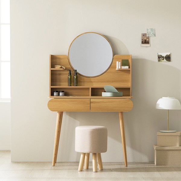 쉐드 원형거울 수납화장대 방문설치, 오크 