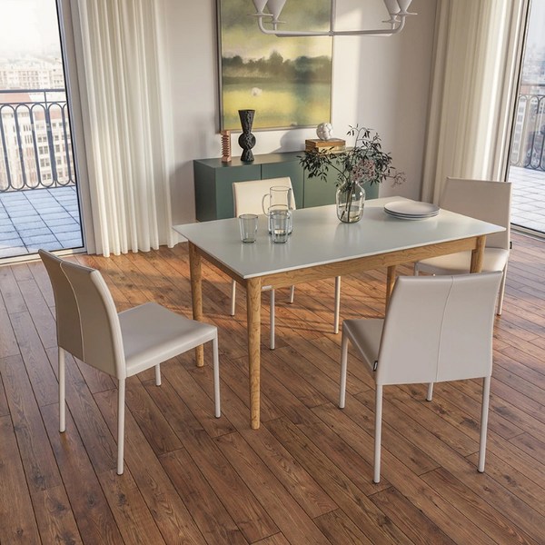  까사미아 카르네 세라믹 테이블 1400 + 가죽체어 4p 방문설치, 퓨어화이트(상판) + 내추럴(다리) + 라이트그레이(좌판) 