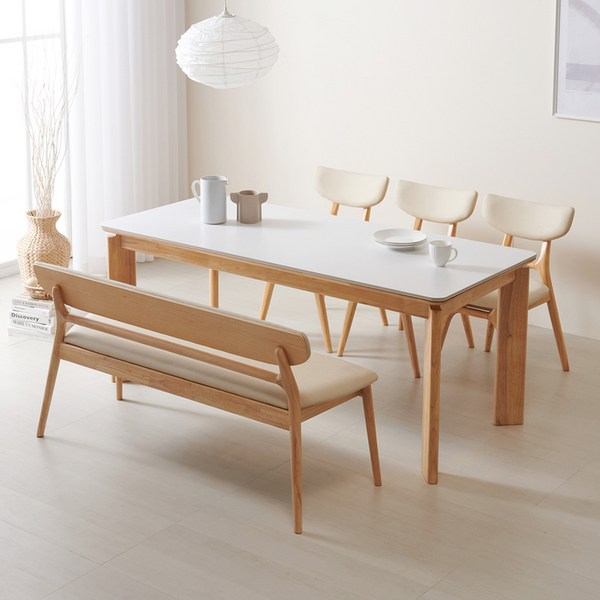 데코라인 수림 6인용 원목 세라믹 식탁 세트, 단면, 테이블+의자3+벤치1