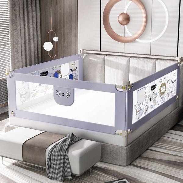  디즈데이스 낙상방지 아기 침대가드 KC인증 슬라이딩 안전바, 동물파티, 기역자형-(침대2면에설치)-1.2M+2M 