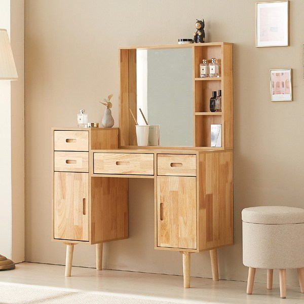  지앤퍼니 클린느 수납형 원목 화장대 거울세트, 내추럴 