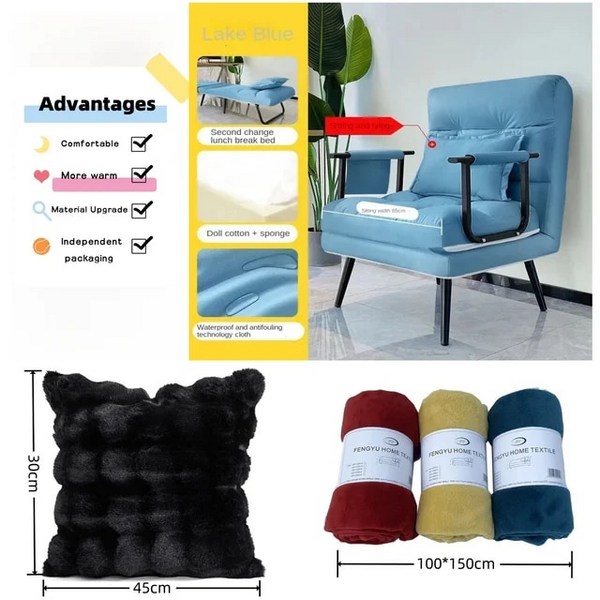 접이식소파 소파 침대 한국 점심 시간 사무실 낮잠 인공물 통합 이중 목적 컴퓨터 의자 안락 의자 앉고 누워, 7)Pillow Blue