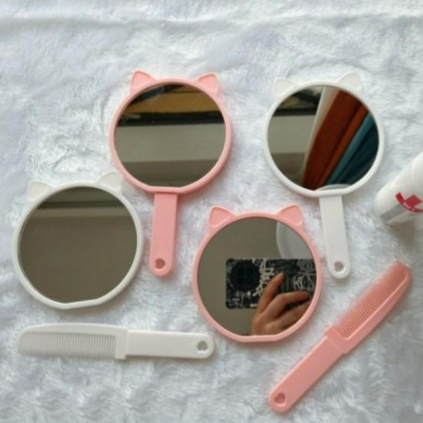 고양이 손거울+빗 세트 핑크, 1개