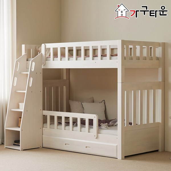 (주)가구타운 원목 분리형 마이니 이층침대 싱글/슈퍼싱글 수납사다리+서랍+깔판 포함, 싱글 화이트워시, 매트없이 프레임