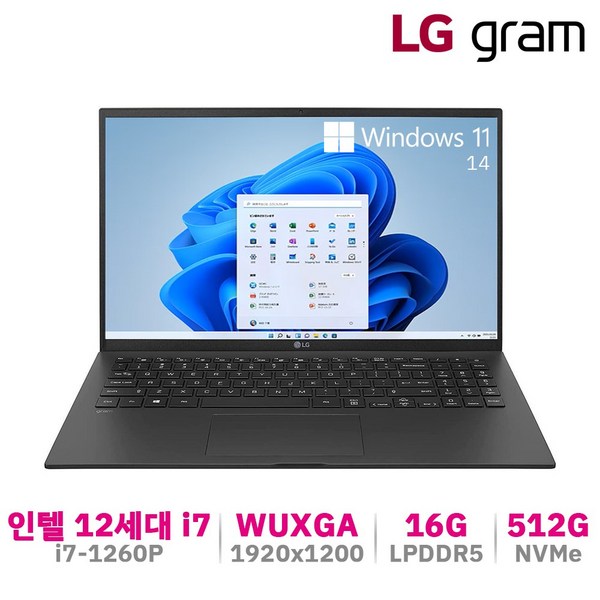 LG전자 LG그램 14인치 12세대 윈도우11 i7 16GB 512GB WUXGA 블랙, 14ZB90Q-G.AAC6U1, 코어i7, WIN11 Home
