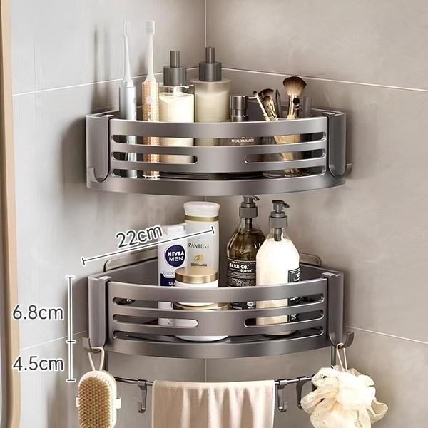  YOUNCO 무타공 알루미늄 욕실선반 대형, 2단, 코너형 그레이 