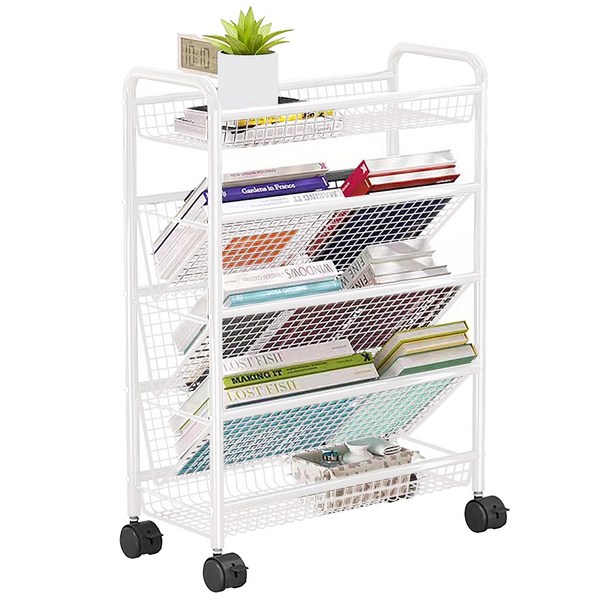 Foskds 이동식 책장 신문꽂이 파일꽂이 카트 정리함, 5단, 하얀색