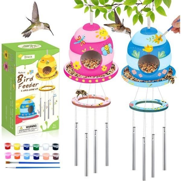  Gooidea 를 위한 2팩 예술 및 공예 나만의 새 피더 바람 차임 키트 만들기 소녀 소년을 나무 그림 선물 연령 3-5 4-8 8-12, 2 
