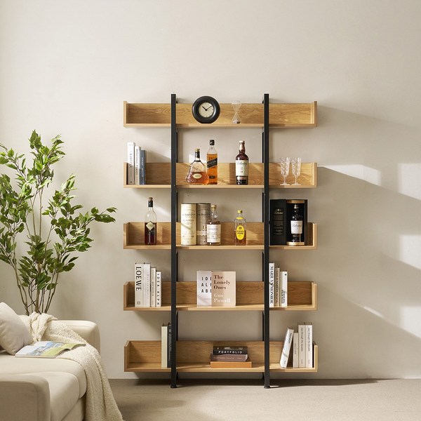  제련공단 철제책장 1200 5단 사각프레임 책장 진열장 장식장 책꽂이 수납 선반, J06_블랙프레임 아카시아 