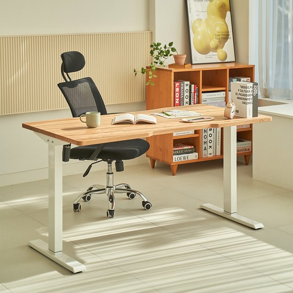 에이픽스 전동 스탠딩 높이조절 북미산 원목 모션데스크, 1400x750mm, 네추럴상판, 화이트다리