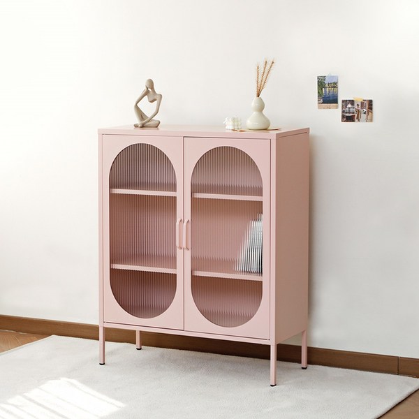  바네스데코 모루 유리 아치형 철제 장식 양문 수납장 캐비넷 (5컬러), 핑크 