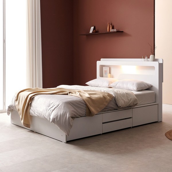 [수도권 지정배송] 리비앙 LED 벙커 포서랍 수납 슈퍼싱글/퀸 침대프레임+본넬매트+방수커버, 화이트