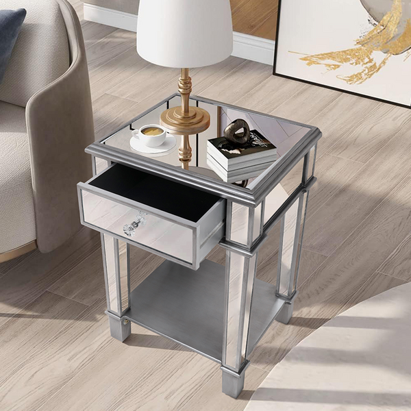 ARTLOGE 거울 협탁 서랍장 틈새 테이블 3단 수납장 실버 유리