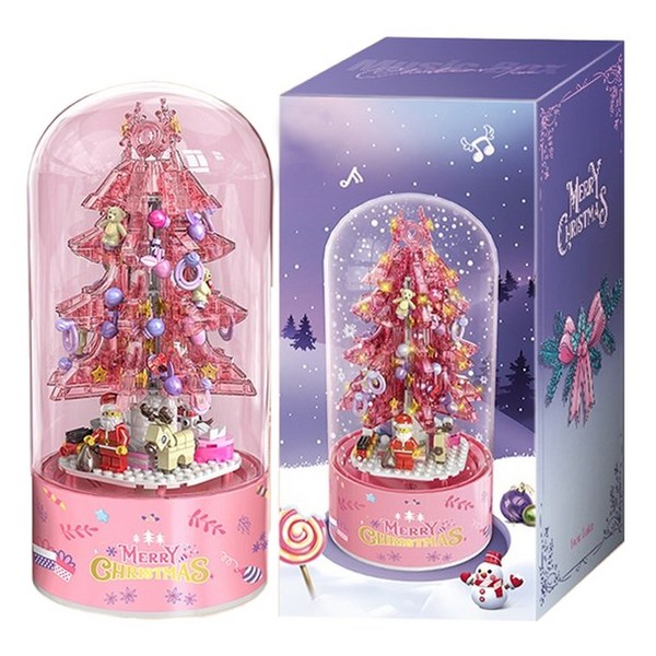  헤라우스점핑 크리스마스 눈 내리는 LED 오르골 레고 호환블록, 크리스마스 트리 핑크 