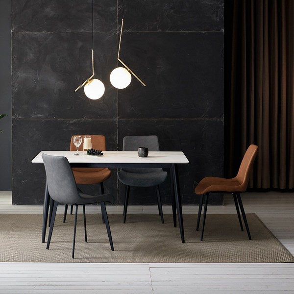  라로퍼니처 클래시 1400 포세린 통 세라믹 블랙 스틸 프레임 식탁 세트, 화이트 식탁+의자4, 브라운 2개+그레이 2개 