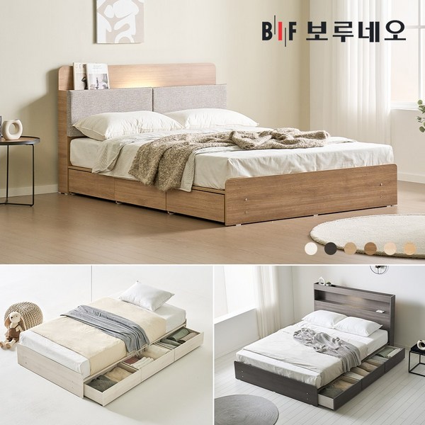 보루네오 침대 슈퍼싱글 퀸 무헤드 LED 수납형 서랍 평상형 호텔 신혼부부 세트 SS Q, 01_그린 무헤드 수납침대, 그레이