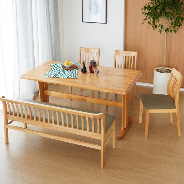  베스트리빙 고무나무 통원목 츠카 제니 6인 식탁 테이블세트/의자3개+일반형벤치의자 2colors, 내츄럴 