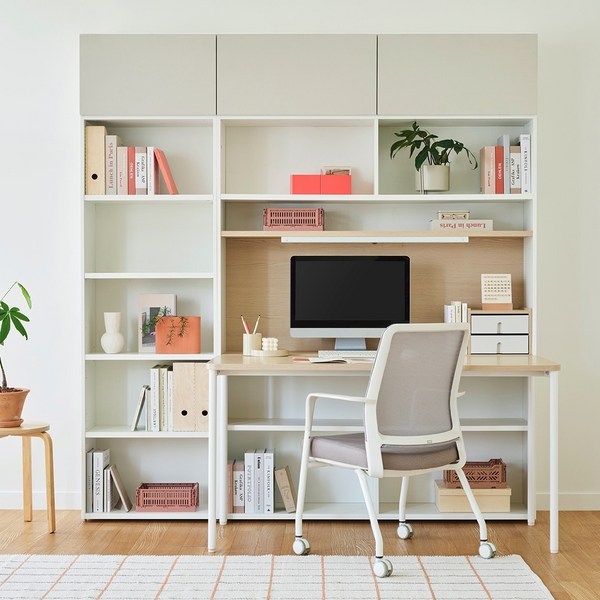 한샘 티오 단독책상세트 6단 140cm (플랩도어 조명), 화이트오크/베이지도어(B)