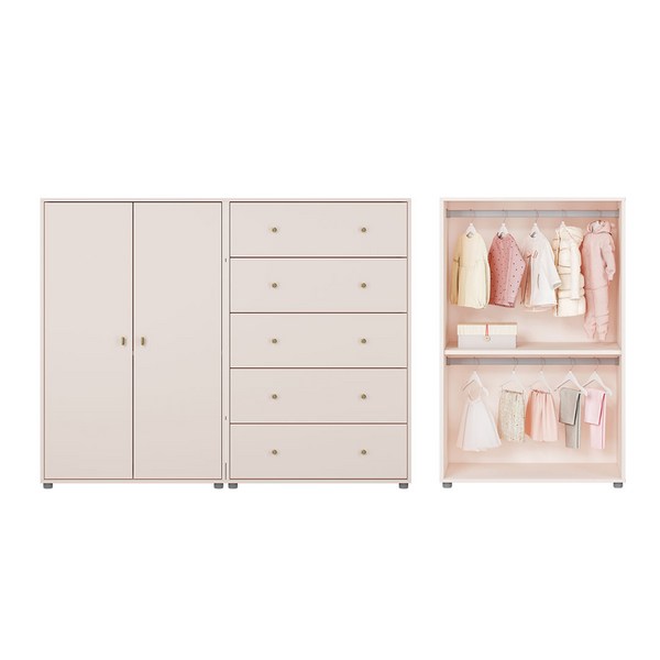 한샘 보나 2단 행거형 베이비장 세트 5단 서랍형 160cm, A:화이트_골드(A)