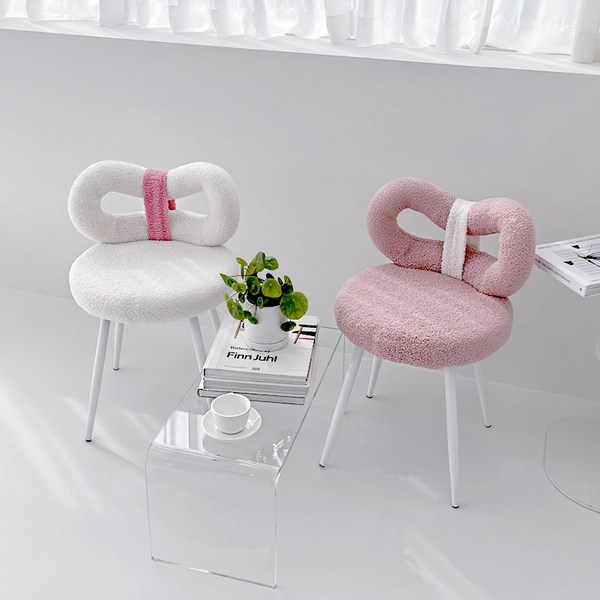 침실 화장대 리본모양 양털 체어 인테리어 의자, 화이트(아이보리), 1개
