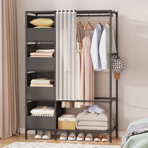 에이원스토어 조립식 커튼 스텐드 행거 무볼트 가벼운 수납 옷장 선반형, 블랙