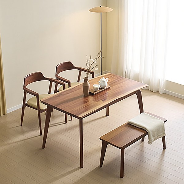 헤즈로 가구 레스토 I 트럼버시 원목 우드슬랩 테이블 4인용 식탁세트 WTSW4, (4인세트) 1400x800mm, 접의식 원목 벤치 + 접의식 원목 의자 2개