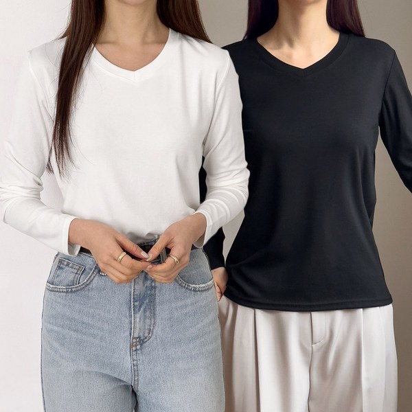 지나홈 여성 브이넥 티셔츠 긴팔티 이너티 2P