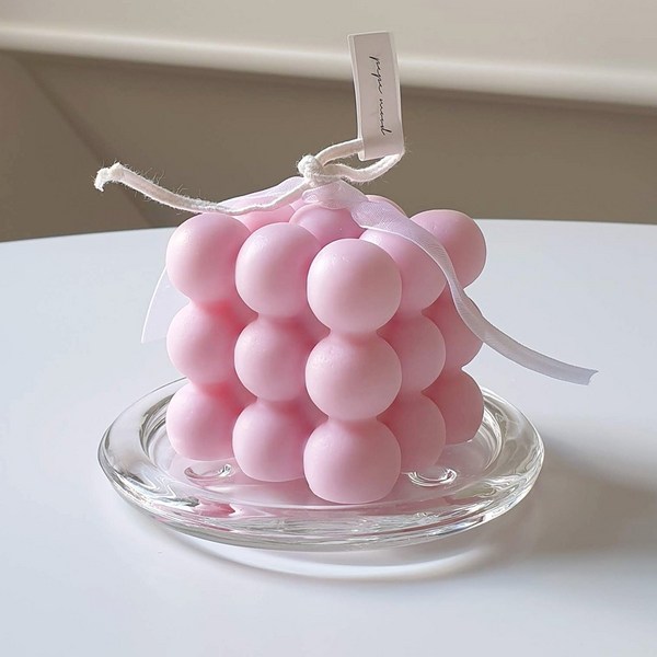  파스텔 큐브 캔들 (연핑크) + 캔들받침 세트 (상자포장) 봉봉 오브제, 연핑크(블랙체리) 