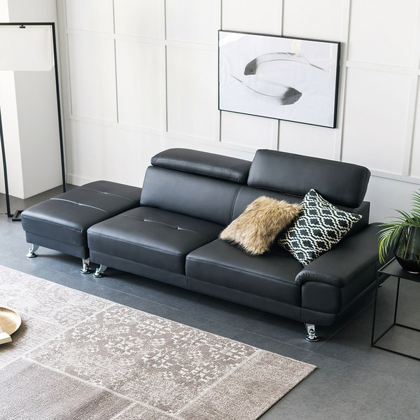  자네트 쟈드 3인용 가죽쇼파 스툴포함, 블랙 