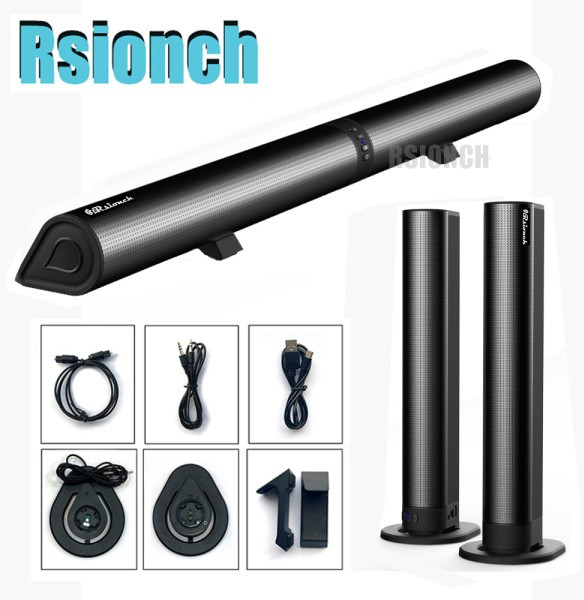 Rsionch 2-in-1 분리형 TV 사운드바 휴대용 블루투스 스피커 2.1 채널 FM 라디오 열 박스(광 AUX USB 입력, 01 BEF-Black