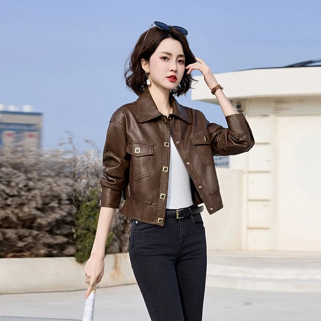 블라벨리 가죽 재킷 키 작은 여자 코트 봄가을 캐주얼 숏 라이더복HY259