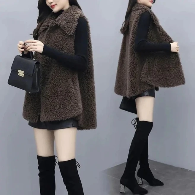 근화모피조끼 양고기 플러시 조끼 여성 코트 2022 새로운 겨울 가짜 모피 양복 캐주얼 루즈 벨벳 민소매 자켓