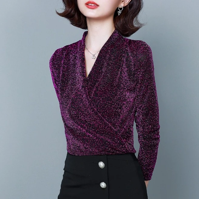 여성 브이넥 라인 라틴 댄스복 상의, 딥퍼플