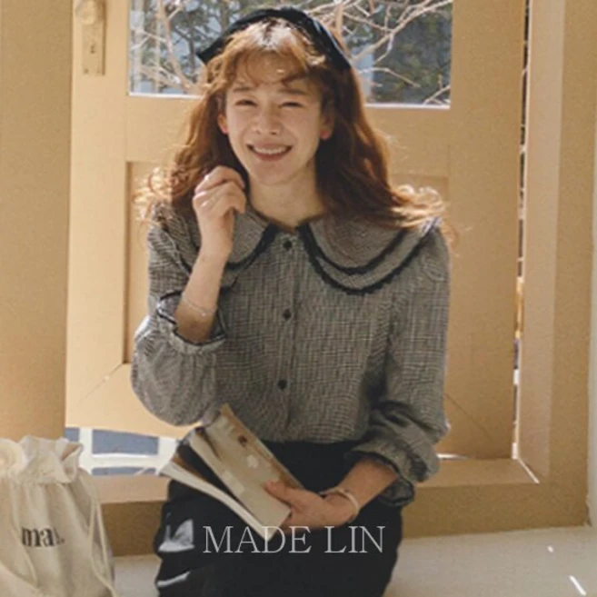 리린MADE LIN 설리번 봄체크 레스카라 블라우스 size F 11779175
