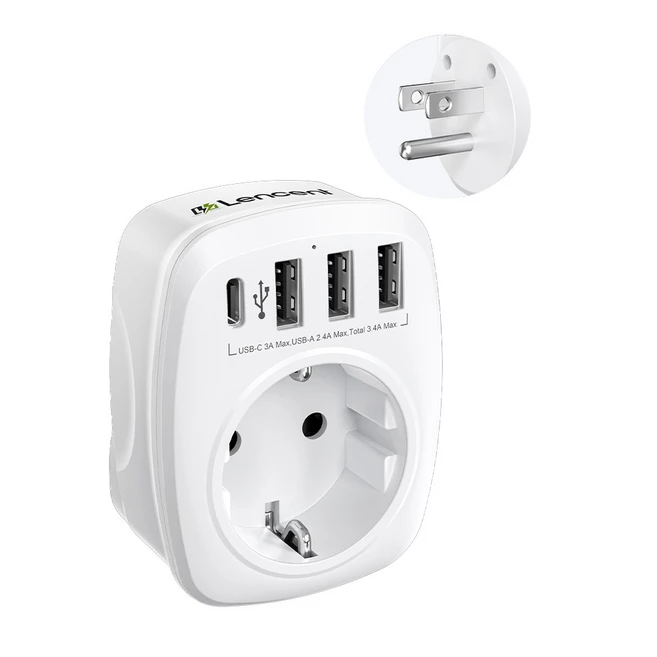 LENCENT USB 고속충전 전세계 여행용 해외 미국 규격(Type B) 여행 어댑터 4포트 (3 USB A + 1 USB C) PA013EUUS 화이트, 1개