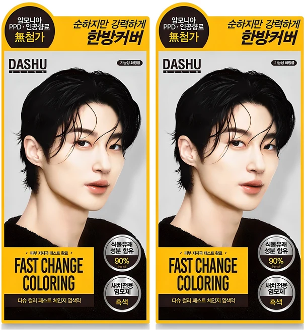 다슈 컬러 패스트 체인지 새치전용 염색제, 흑색, 2개