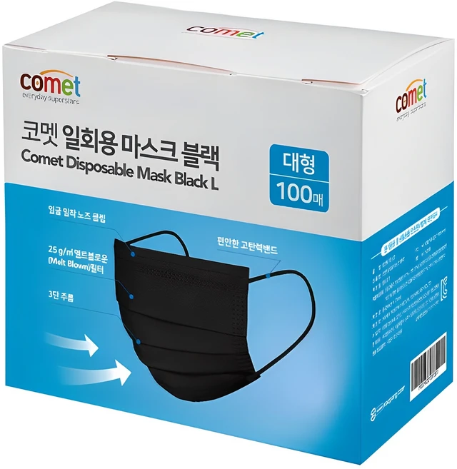 코멧 일회용 마스크, 100개입, 1개, 블랙