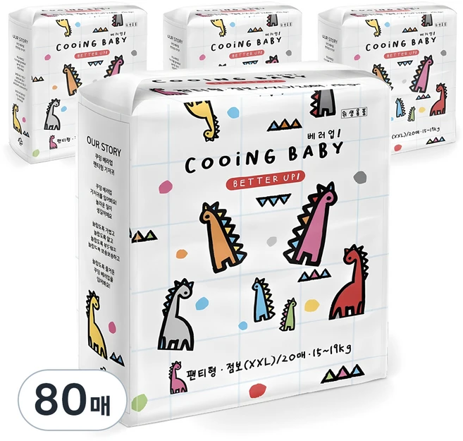 Cooing  베러업 팬티형 기저귀 남녀공용, 점보형(2XL), 80개입 (20개입 X 4팩)
