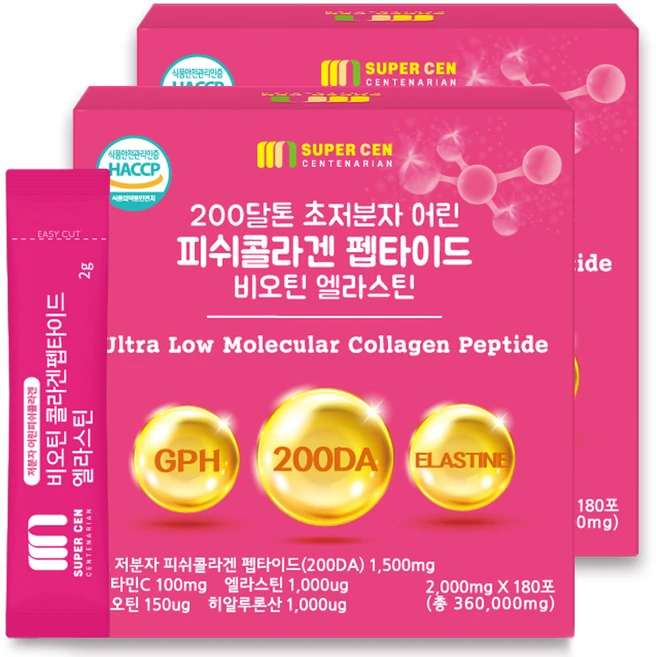 슈퍼쎈 200달톤 초저분자 어린피쉬콜라겐 펩타이드 비오틴 엘라스틴, 360g, 2개
