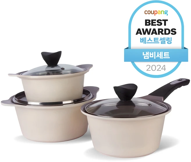 키친웰 벨로스 세라믹 코팅 냄비 3개 세트, 베이지, 양수냄비 16cm + 20cm + 편수냄비 18cm, 1세트