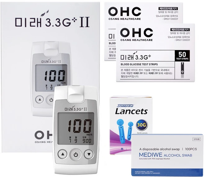 오상헬스케어 미래 3.3G 플러스 혈당측정기 + 시험지100매 + 침 110 + 솜 100매 세트, 1세트