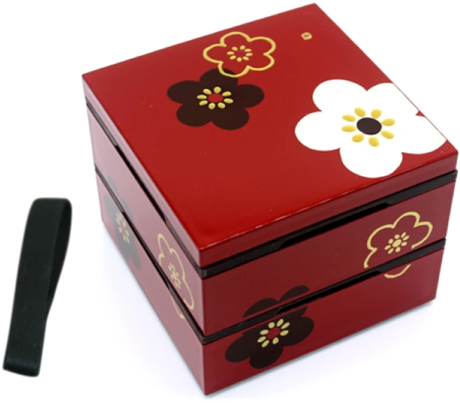 HAKOYA 미니 2단 사각찬합 12cm, 매화 레드, 1개