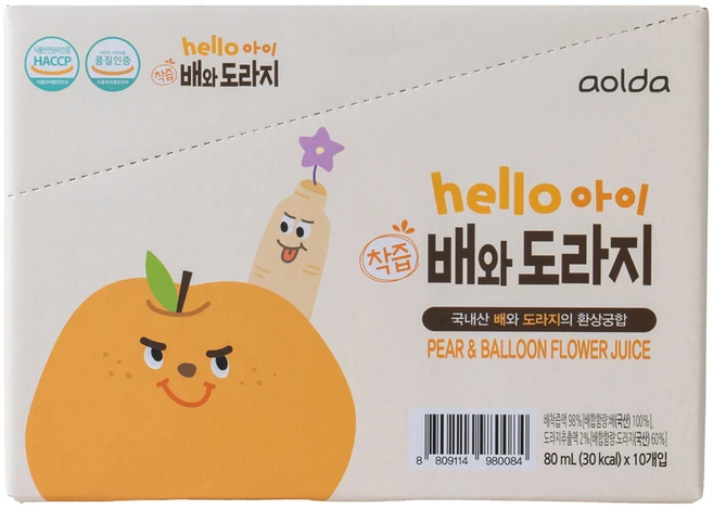 아올다 헬로아이 착즙 배와도라지, 80ml, 10개
