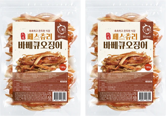 해야미 바베큐 페스츄리 오징어, 180g, 2개