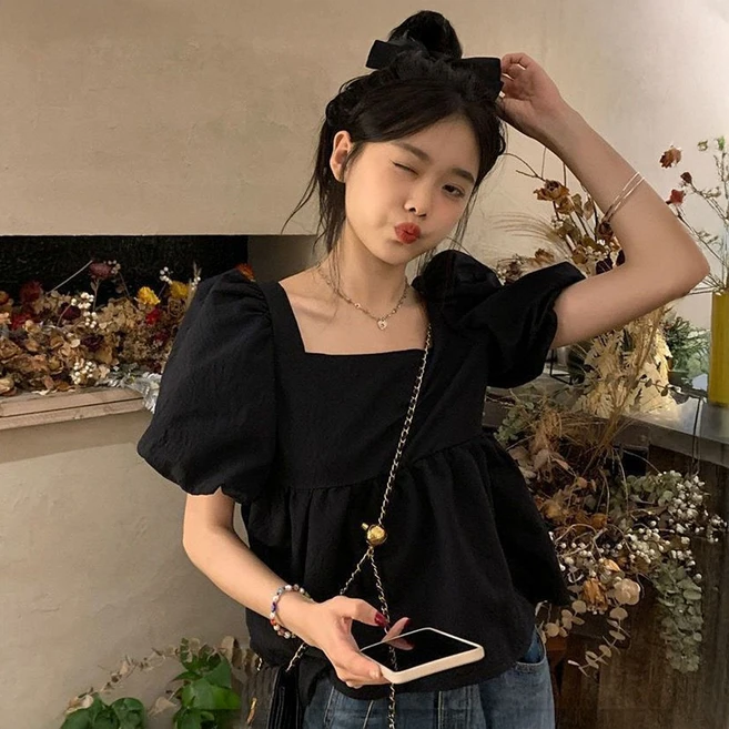 엘쏘 여성용 스퀘어넥 루즈핏 벌룬 하객룩 데이트룩 블라우스